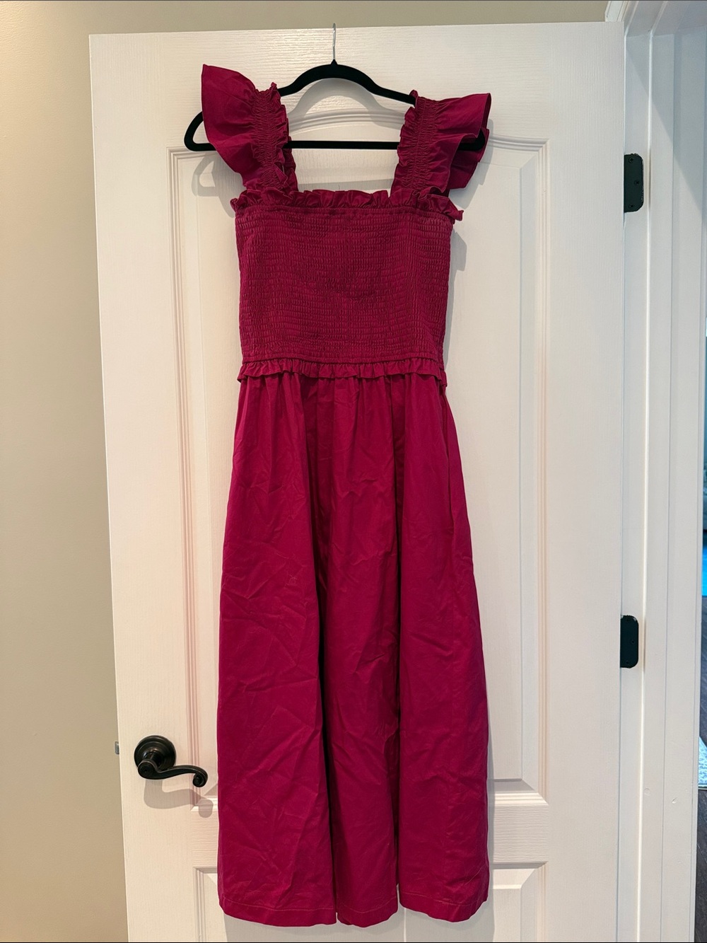 Fuchsia Smocked Bodice Midi Dress with Ruffle Straps